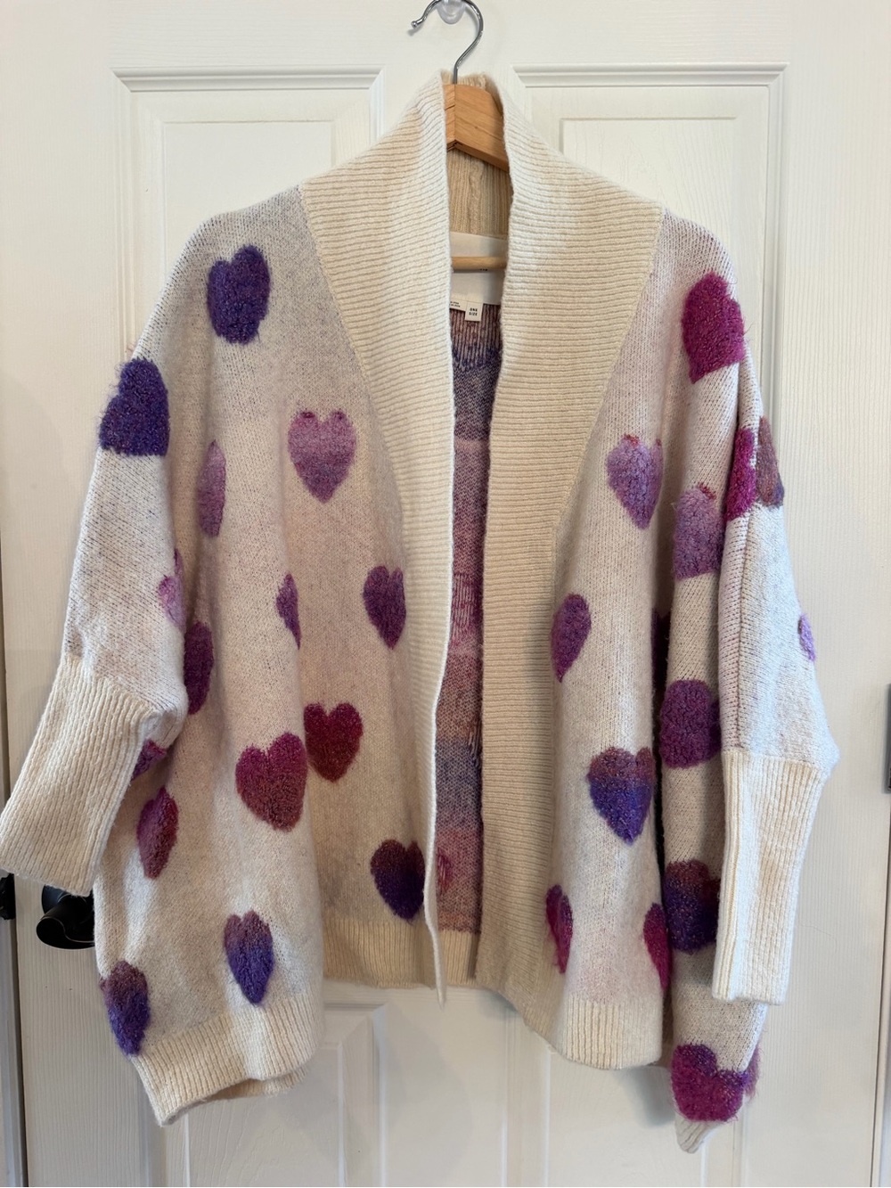 Anthropologie Cream Cardigan with Purple Heart Motif